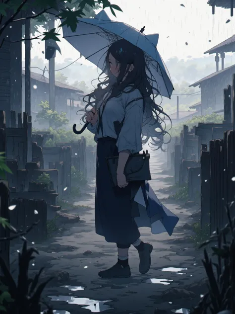 girl with long black hair stands in the countryside, holding an umbrella as heavy rain pours down around her. She is wearing a simple rural outfit, with the backdrop showing traditional wooden houses and fields fading into the mist. The rain creates ripples in puddles and splashes off the umbrella, with water droplets visibly clinging to the leaves and surfaces. The atmosphere is melancholic yet serene, capturing the essence of a quiet, remote village during a rainstorm