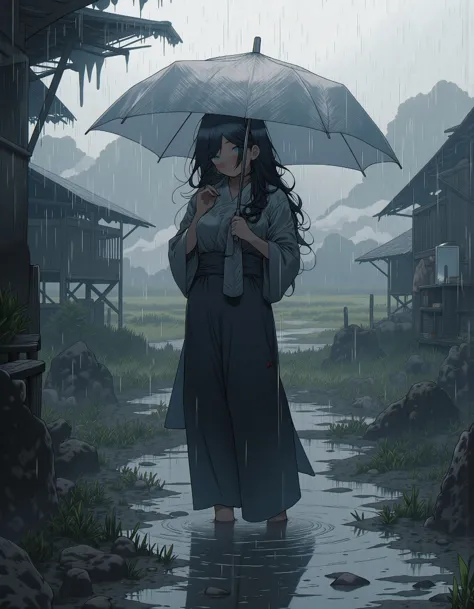 girl with long black hair stands in the countryside, holding an umbrella as heavy rain pours down around her. She is wearing a simple rural outfit, with the backdrop showing traditional wooden houses and fields fading into the mist. The rain creates ripples in puddles and splashes off the umbrella, with water droplets visibly clinging to the leaves and surfaces. The atmosphere is melancholic yet serene, capturing the essence of a quiet, remote village during a rainstorm