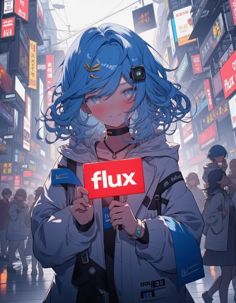 anime girl with vibrant blue hair is looking directly at the viewer with a gentle expression. She stands in the middle of a lively urban street filled with tall buildings, neon signs, and bustling activity. In her hands, she holds a red sign with the word 'flux' written in bold white letters. Her hair flows softly in the breeze, and her bright eyes reflect the glow of the city lights around her. The scene is vibrant yet slightly mysterious, with cars passing by and pedestrians moving in the background. The contrast between the bustling city environment and the calm expression of the girl creates an intriguing and captivating atmosphere.