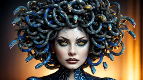 medusa, Light Gray Cobalt Blue, intricate serpent skin, masterpiece, the best quality, 16k, UHD, HDR, <lora:medusa_v8:0.8>, coiling, serpent, snakes, extraordinary skin details, intricate, perfect eyes, symmetric, intense makeup, eyeliner, messy hair, derailed, unhinged, uncanny, screaming