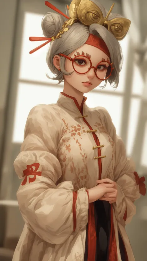 (masterpiece, best quality),<lora:purah:0.8>,purah,hair ornament,red-framed eyewear,hair stick,round eyewear,hair bun,