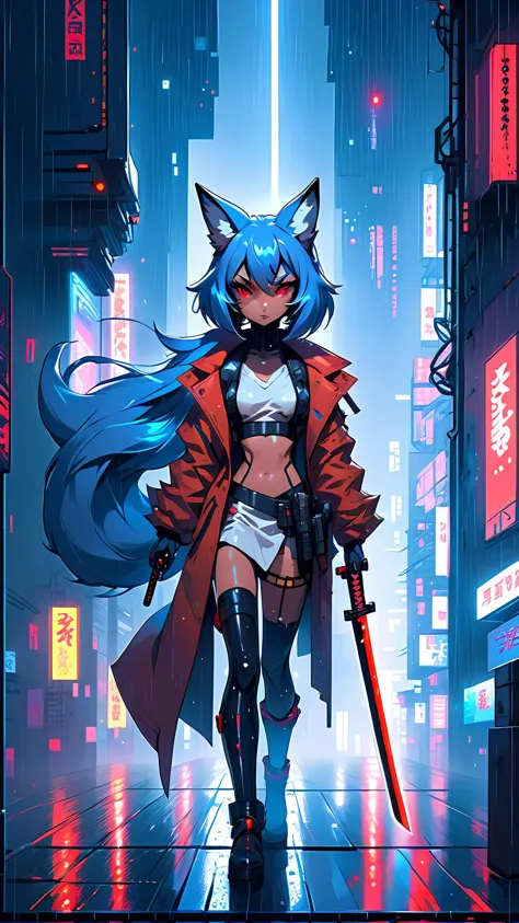 Anthropomorfic foxy, <lora:Bodysuit v13:0.8> 1girl, holding katana in right hand and revolver in right hand, <lora:CyberPunkAI:0.8> CyberpunkAI, <lora:JJsCyberPunk_SpaceStyle:1>, cyberpunk rainy city neon lights, blue hair, red eyes, full body portrait, epic pose, pale moon, pixel art