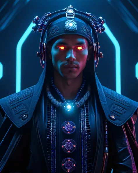 a man in a futuristic outfit with glowing eyes and a glowing helmet