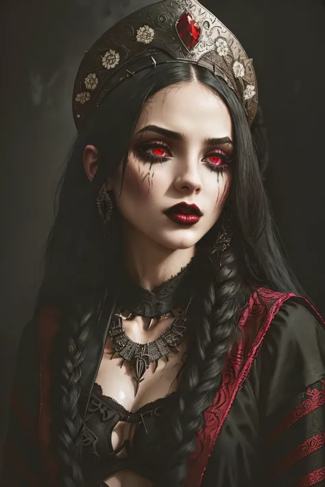 a woman with long black hair wearing a crown and red eyes