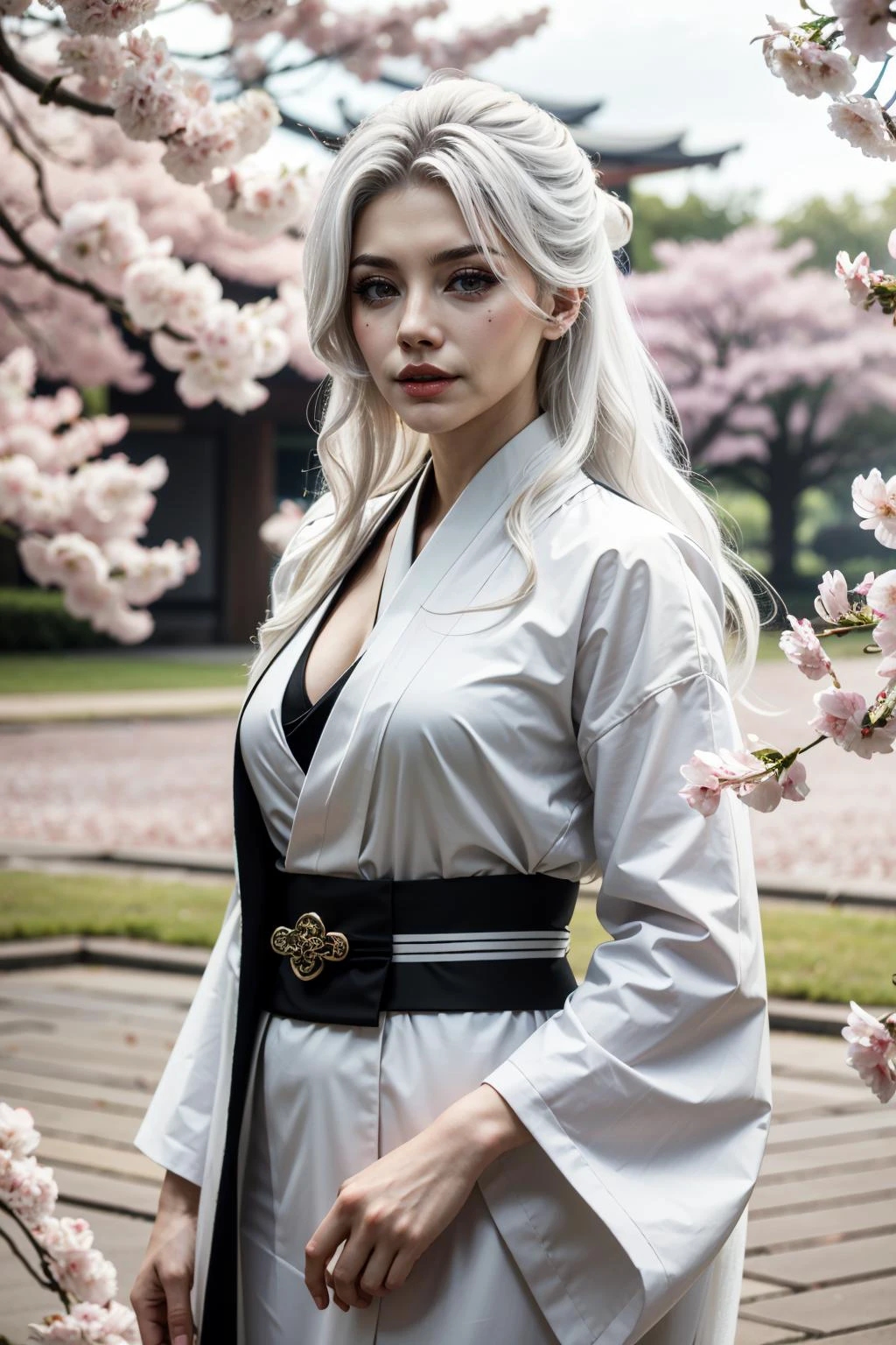 ((ultra detailed, masterpiece, absurdres))
 SpiderBlackCat, 1girl, white hair, long hair, in a traditional kimono, surrounded by cherry blossoms