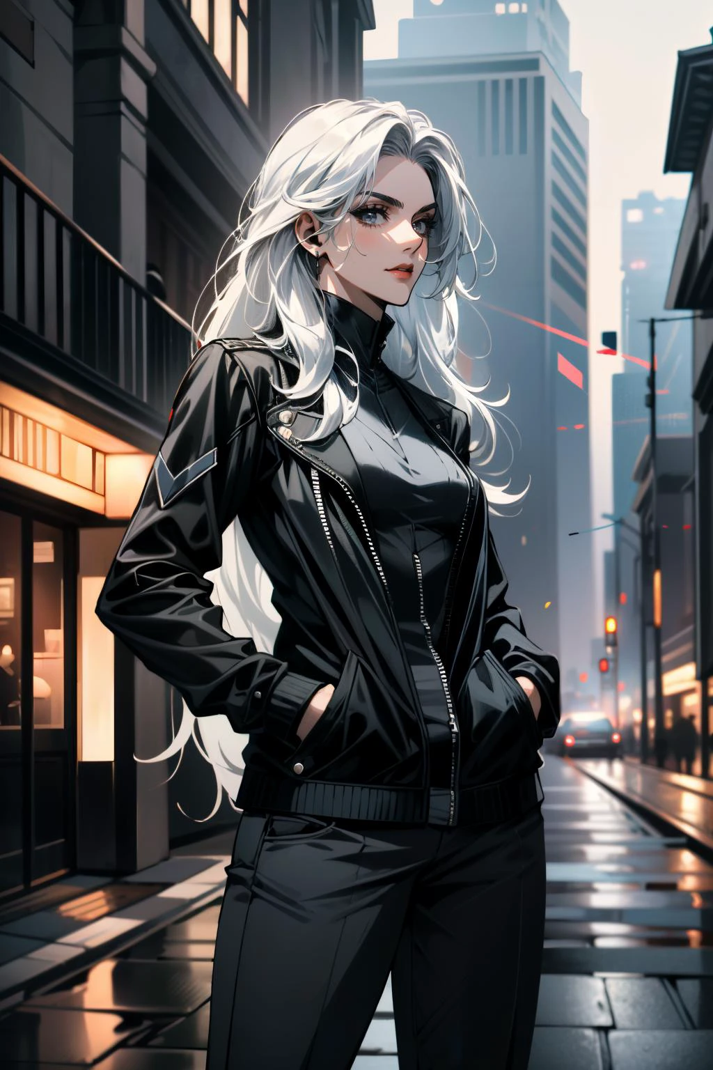 ((超詳細, 傑作, 荒謬的))
 蜘蛛黑貓, 1個女孩, 白色的頭髮, 長髮, 雙手插在口袋裡, 展現出不經意的魅力