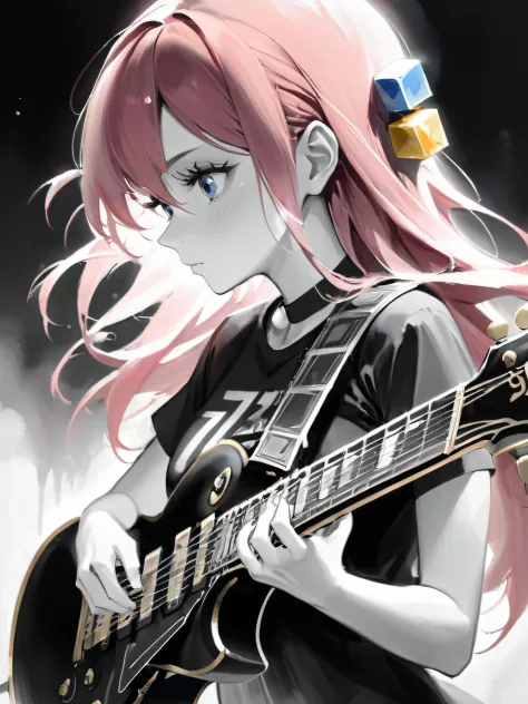 monochrome cube hair ornament, a young girl with pink hair and blue eyes, playing a Gibson Les Paul electric guitar with passion...