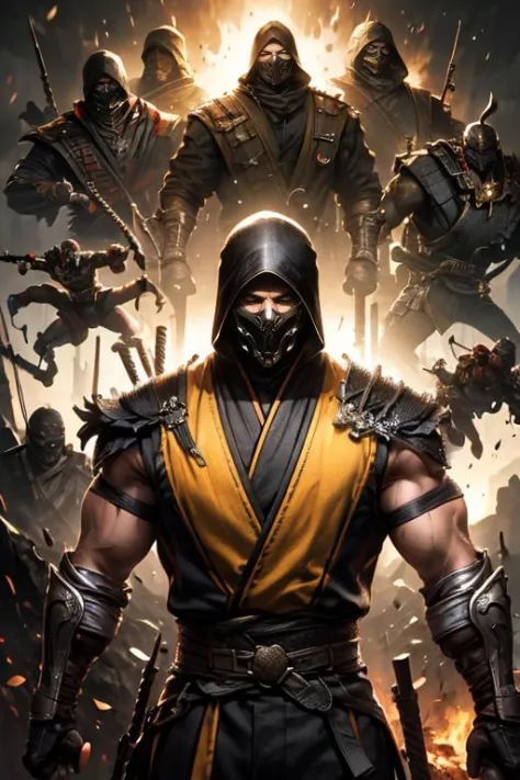 1man, mkscorpion man with group of ninjas, <lora:ARWmkscorpion:1>