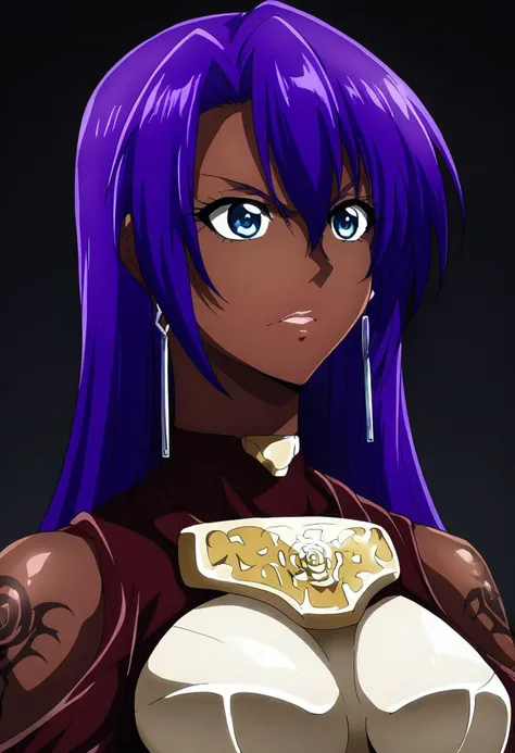 Score_9, score_8_up, score_7_up, score_6_up,  source_anime, 1girl, solo, long hair, black background, (jet-black skin), neon glow, multicolored hair, hoop earrings, dark-skinned female, tattoo, colored skin, BREAK, very dark skin, jewelry, large intricate hair accessories, hair ornament, long hair, shiny clothes, arthur pencilgon, long hair, blue eyes, hair between eyes, very long hair, purple hair, gloves, belt, armor, clothing cutout, breastplate, bare shoulders, earrings,