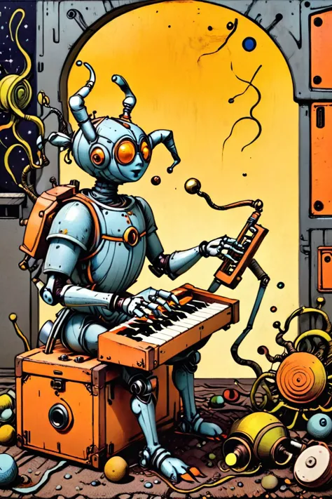 abstrakte Kunst,(Stil von Yuko Shimizu:1.3),Goldthema,links,Sand1,till Eulenspiegel,von Val Munteanu,Val Muntenau illustration,robopop,robot,robotchicken,Musikinstrument spielen,nicht-humanoider Roboter,Robopop-Stil,spiderbot,kastenförmig,, (Meisterwerk, beste Qualität, gute Qualität, highres, ultra-detailliert),