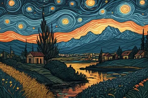 Taché de sang,Vincent Van Gogh \(style\),nuit étoilée,travail en ligne épuré,Contraste élevé,ombrage des cellules,SUR PARCHEMIN,Jusqu&#39;à Eulenspiegel,par Val Munteanu,Illustration du Val Muntenau,(chef-d&#39;œuvre, Meilleure qualité, Haute qualité, haute résolution, ultra-détaillé),