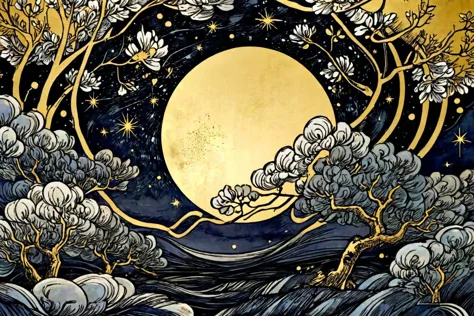 abstrakte Kunst,(Stil von Yuko Shimizu:1.3),Goldthema,dunkler Himmel,dunkle Sterne,chinesische traditionelle landschaft,links,Sand1,till Eulenspiegel,von Val Munteanu,Val Muntenau illustration,, (Meisterwerk, beste Qualität, gute Qualität, highres, ultra-detailliert),