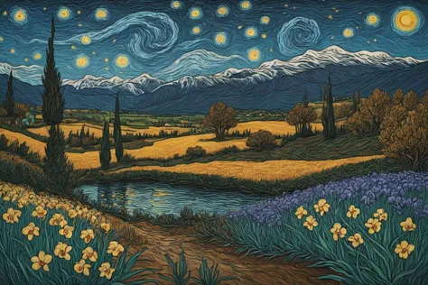 Ensangrentadoai,Vincent Van Gogh \(Estilo\),noche estrellada,Iris \(flor\),Trabajo de línea limpia,alto contraste,Sombreado de celdas,en pergamino,Hasta Eulenspiegel,por Val Munteanu,Ilustración de Val Muntenau,(obra maestra, mejor calidad, alta calidad, alta resolución, ultra detallado),