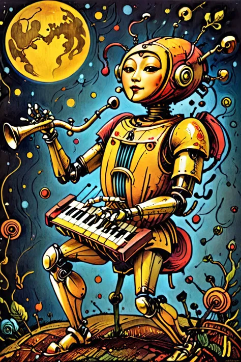 abstract art,(style of Yuko Shimizu:1.3),gold theme,linquivera,liiv1,till Eulenspiegel,by Val Munteanu,Val Muntenau illustration,robopop,robot,playing musical instrument,, (masterpiece, best quality, high quality, highres, ultra-detailed),