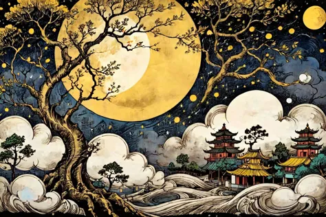 Arte abstracto,(estilo de Yuko Shimizu:1.3),Tema de oro,dark sky,estrellas oscuras,luna,árbol,nube,paisaje tradicional chino,izquierda,arena1,Hasta Eulenspiegel,por Val Munteanu,Ilustración de Val Muntenau,en pergamino,, (obra maestra, mejor calidad, alta calidad, alta resolución, ultra detallado),