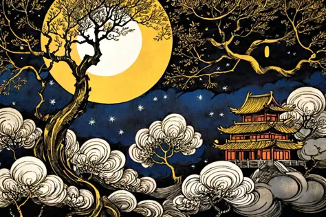 abstract art,(style of Yuko Shimizu:1.3),gold theme,dark sky,dark stars,moon,tree,cloud,chinese traditional scenery,<lora:linqui...