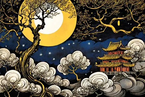 abstrakte Kunst,(Stil von Yuko Shimizu:1.3),Goldthema,dunkler Himmel,dunkle Sterne,Mond,Baum,Wolke,chinesische traditionelle landschaft,links,Sand1,till Eulenspiegel,von Val Munteanu,Val Muntenau illustration,, (Meisterwerk, beste Qualität, gute Qualität, highres, ultra-detailliert),