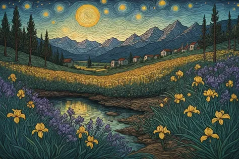 Taché de sang,Vincent Van Gogh \(style\),nuit étoilée,Iris \(fleur\),travail en ligne épuré,Contraste élevé,ombrage des cellules,SUR PARCHEMIN,Jusqu&#39;à Eulenspiegel,par Val Munteanu,Illustration du Val Muntenau,(chef-d&#39;œuvre, Meilleure qualité, Haute qualité, haute résolution, ultra-détaillé),