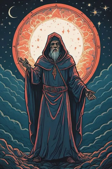 Bloodstainedai,Faceless deity,hooded figure,magical wizard,ancient entity,vintage lighting,beautiful mightnight sky,intergalacti...