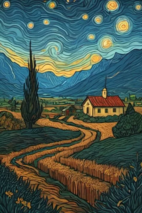 Manchado de sangue,Vicente Van Gogh \(estilo\),noite estrelada,trabalho de linha limpa,Alto contraste,sombreamento celular,NO PERGAMINHO,Até Eulenspiegel,por Val Munteanu,Ilustra??o de Val Muntenau,(obra de arte, melhor qualidade, alta qualidade, alta resolução, Ultra-detalhado),