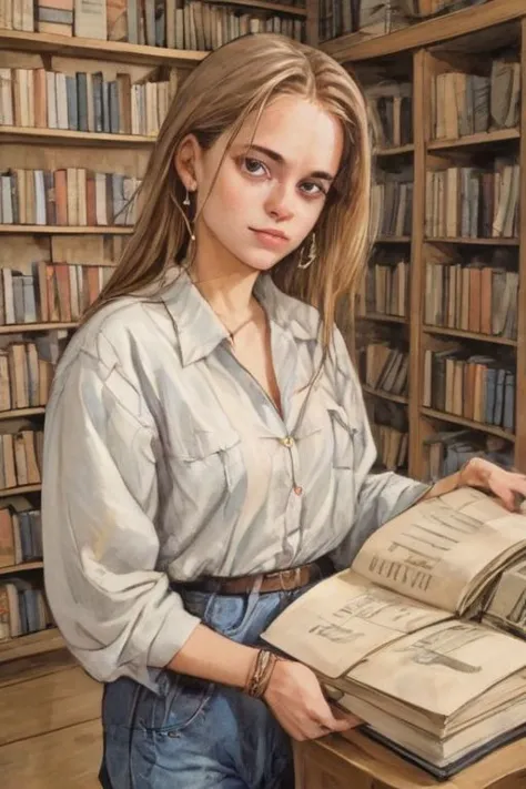 AMAZING PHOTO portrait young woman in bookshop photography 90s style Analogic clothes and environment from the 90s style,on parchment,90s style,80s style,Analogic photo,1990s,till Eulenspiegel, by Val Munteanu, Val Muntenau illustration,, (masterpiece, best quality, high quality, highres, ultra-detailed),