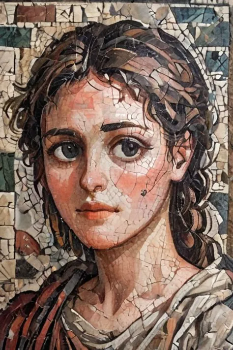 a close up of a mosaic of a woman with a red dress