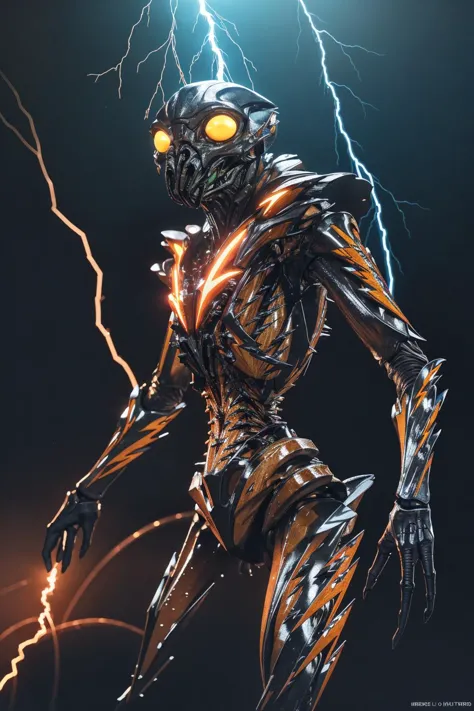 intricate 3D render, octane render, cinematic rendering, unreal engine 5, raytracing, wet alien with fire in the background, bokeh, (energy, electricity, bolts of lightning:1.4), cinematic dark gothic lighting, an alien from District 9, OliDistrict, maxima...