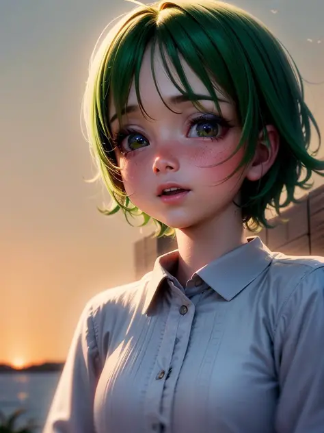 ((realistic)), cinematic shot, movie theater, photo referenced, highest quality, high quality, (detailed face and eyes:1.1), a little pixie flying close to lake, macro lens, bokeh, insect wings, antenae, leave closeup, green hair, red nose, nose blush