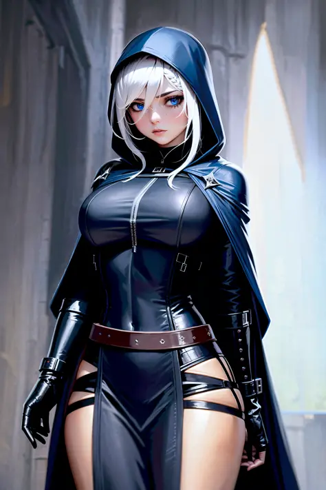 digital painting of a beautiful woman, (assassin:1.3), (sleek hooded assassins cloak:1.2), masterpiece, (solo focus:1.2), (grimd...