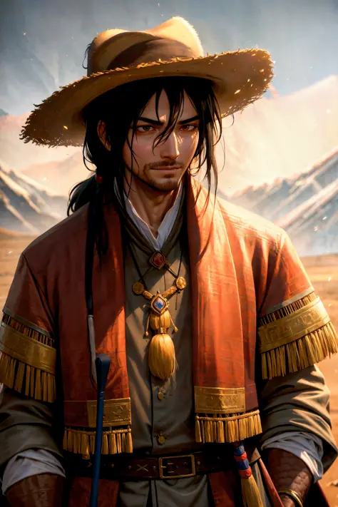 (30 year old man:1.2), tibetan sherpa, gotee, masterpiece, best quality, intricately woven straw hat, serious face, walking-stic...