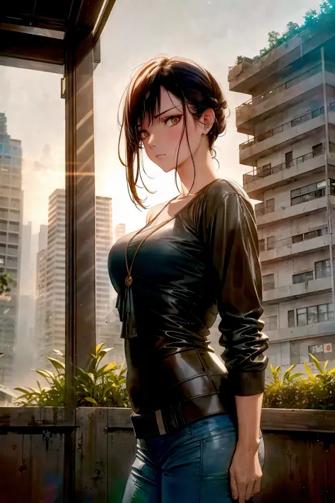 (Beautiful woman:1.2), (casual clothes:1.1), ultra detailed face and eyes, (album art:1.1), slum cyberpunk, frown, (slum old garage:1.1), (artpunk:1.0), unique pose, (trigun:1.1), (masterpiece:1.1), best quality, run-down, ultra high detail, (by antoine blanchard and casey baugh:1.1), (by zdzislaw beksinski:0.8), gold and black, extremely intricate, extreme detail, raytracing, reflections, beautiful lighting, harsh lighting, watercolor, High Saturation Clarity Contrast, deep levels, sharp, retouched, color graded, soft lighting, danger is approaching get down!