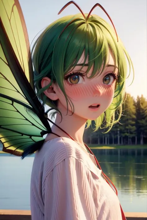 ((realistic)), cinematic shot, movie theater, photo referenced, highest quality, high quality, (detailed face and eyes:1.1), a little pixie flying close to lake, macro lens, bokeh, insect wings, antennae, leave closeup, green hair, red nose, nose blush