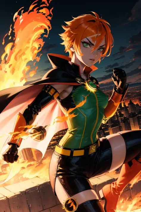 (illustration of a beautiful girl:1.3), young anime girl hero, ben 10, Gwendolin Tennyson, low light, orange eyebrows, (fighting stance), skinny, (light ((flaming hair)), fire hair, green eyes), very short hair, good lighting, (city in flames background), detailed and beautiful eyes, detailed face, ((supervillain)), nipples, sexy black outfit, thigh highs, military boots, ((cape)),  city in the background,  fighting, combat, bruce lee pose, spikes, flaming fists, fireball, shiny skin, photorealism, volumetric lighting, fire amulet

[watercolor:realistic:0.7],  intricate detail, ((portrait)), detailed hair, cinematic shot, photo referenced, highest quality, high quality, (detailed face and eyes:1.4),