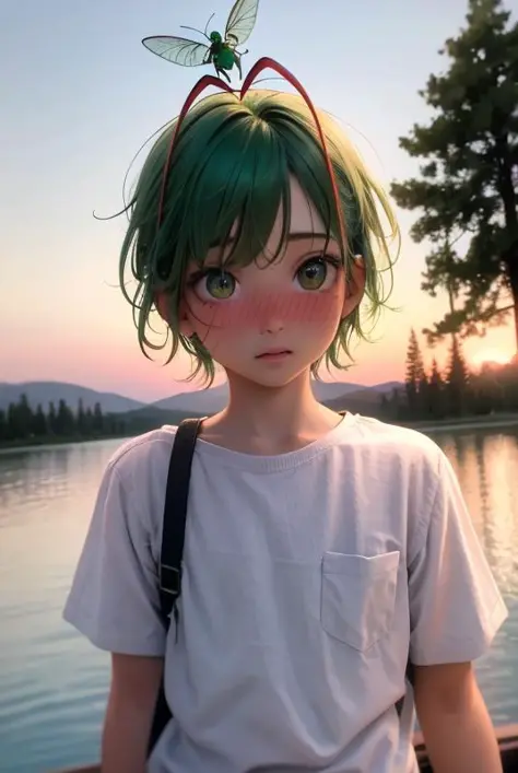 ((realistic)), cinematic shot, movie theater, photo referenced, highest quality, high quality, (detailed face and eyes:1.1), a little pixie flying close to lake, macro lens, bokeh, insect wings, antennae, leave closeup, green hair, red nose, nose blush