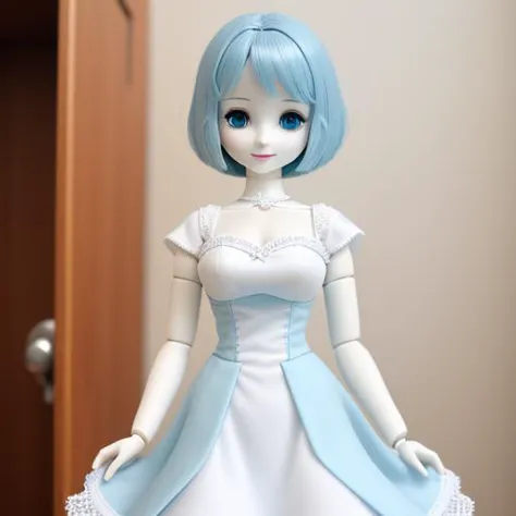 a close up of a doll with blue hair and a white dress