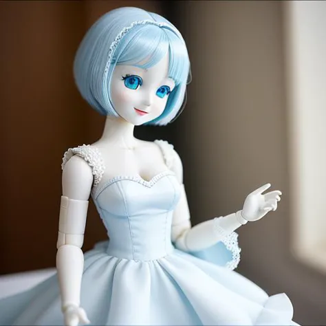 anime, woman, solo, short hair, aqua eyes, blue eyes, smiling, white dress, doll, joints, doll joints, bjd, photograph, seams, lines, <lora:dd:.1> dd, arm seams