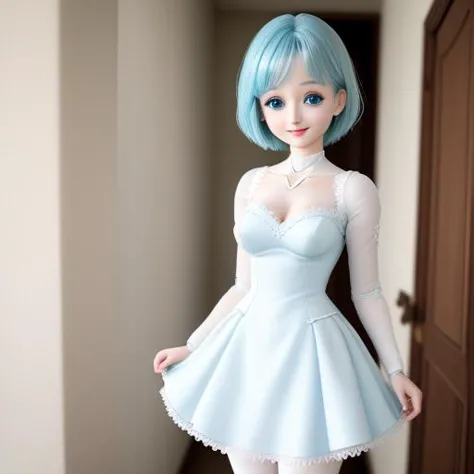 a close up of a doll with blue hair and a dress