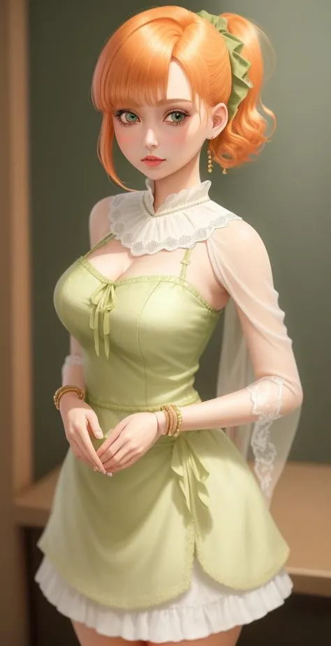 (cowboy shot,short hair,4349:1)
1girl, solo, chibi, ponytail, short_hair, green_eyes, looking_at_viewer, white_dress, full_body, hair_ornament, blush, orange_hair, bangs, single_side_ponytail, side_ponytail, doll_joints, Ball_jointed_doll, bjd, photorealistic, shawl