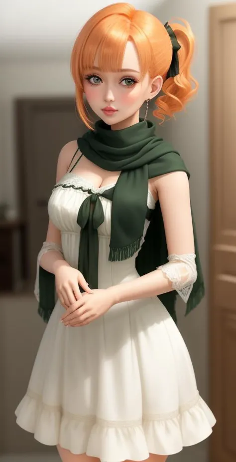 a woman in a white dress and green scarf posing