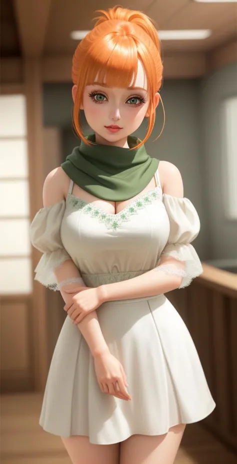 (cowboy shot,short hair,4349:1)
1girl, solo, chibi, ponytail, short_hair, green_eyes, looking_at_viewer, white_dress, full_body, hair_ornament, blush, orange_hair, bangs, single_side_ponytail, side_ponytail, doll_joints, Ball_jointed_doll, bjd, photorealistic, shawl