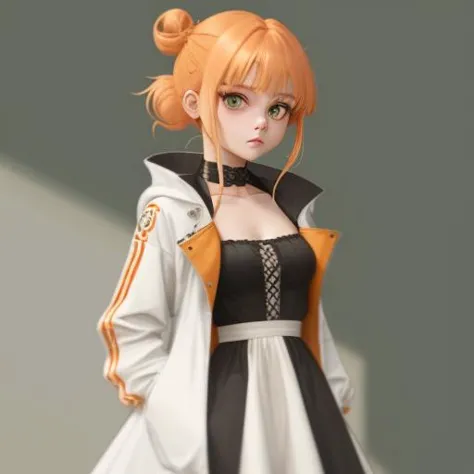 (cowboy shot,very long hair,4349:1)
1girl,solo,chibi,hair_bun,short_hair,jacket,green_eyes,looking_at_viewer,single_hair_bun,dress,full_body,white_jacket,hair_ornament,blush,orange_hair,bangs,single_side_bun,hair_between_eyes, doll_joints, Ball_jointed_dall, doll