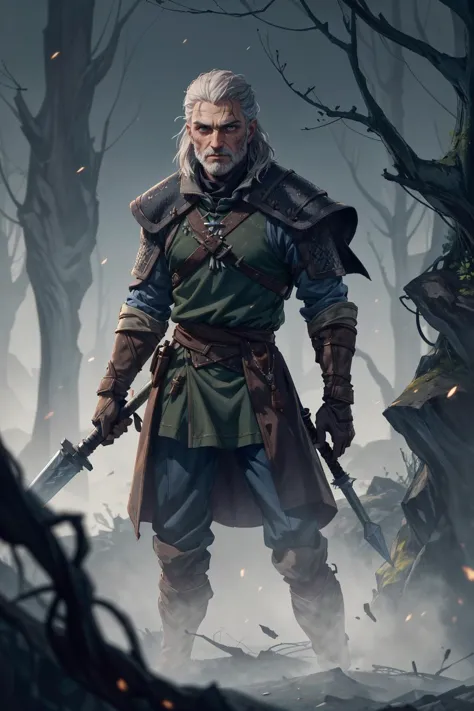 (1man,  old french male:1.2), frail,  jade eyes, gray hair, beard, 
  solo, half shot, looking down, detailed background, detailed face, (RootsBranchesAI theme:1.1),    witcher, adventurer, wearing dark blue light witcher clothes, crude, visible scars,  cloak belts,  witcher gear,  dynamic pose, glowing tattoos, supernatural abilities, torch-lit corridor in background, dawn,  dust particles,  backlighting,  fantasy atmosphere,