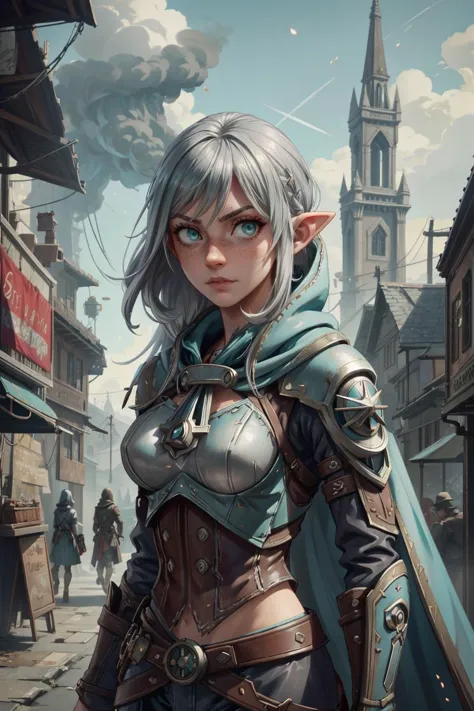 1 girl, adult (elven:0.7) woman, freckles, teal eyes, silver twin drills hair, 
 (bloody scars:0.7), looking down, solo, upper body, detailed background, steampunkai, steampunk theme,  assassins creed, master assassin,  gray tattered  assassin clothes, hood, cape,     dynamic pose, fighting, market stalls in background, floating particles,  sunshine,