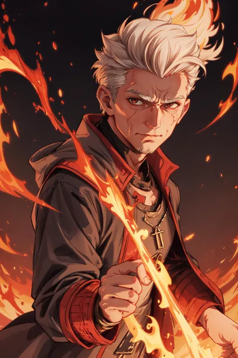 a man with white hair and a sword in front of fire