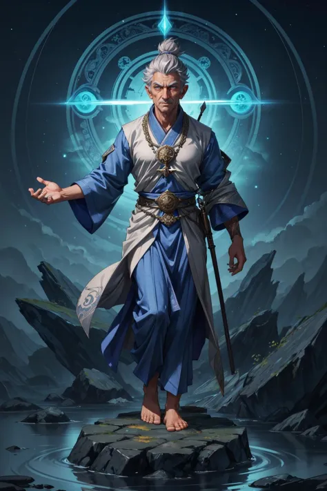 a man in a blue robe standing on a rock with a sword