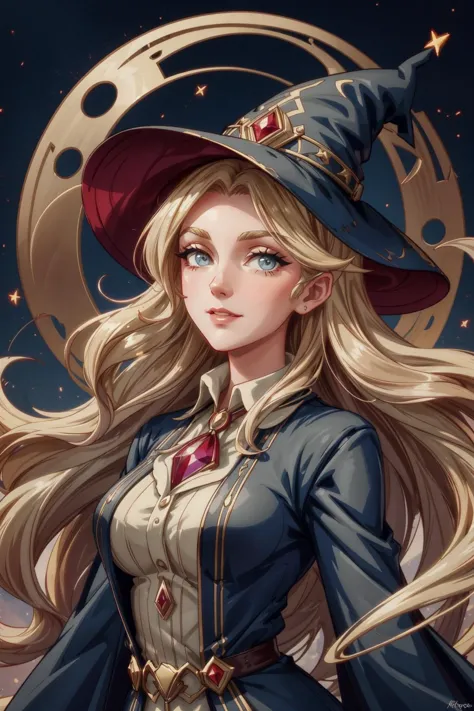 1 girl, adult (elven:0.7) woman,  ruby eyes, dark blonde beach waves hair, 
 portrait, looking away, solo, half shot, detailed background, (ArtDecoAI, 1920s art deco theme:1.1), light smile, witch hat, witch, magical atmosphere, hair flowing in the wind, yellow trimmed light colored clothes,  colorful whirlwind of glowing magic lightning in the air,  dark magic,  floating particles, underground dungeon background,  backlighting,