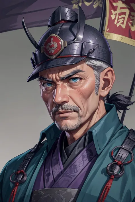 (1man, wrinkled face, old  male:1.2), wise,  teal eyes, graying hair, blunt cut, 
portrait, solo, upper body, looking down, detailed background, detailed face, (imperial chinese theme:1.1), shogun, dark purple samurai clothing, samurai helmet,  aggressive expression,   banner in background,  cinematic atmosphere,