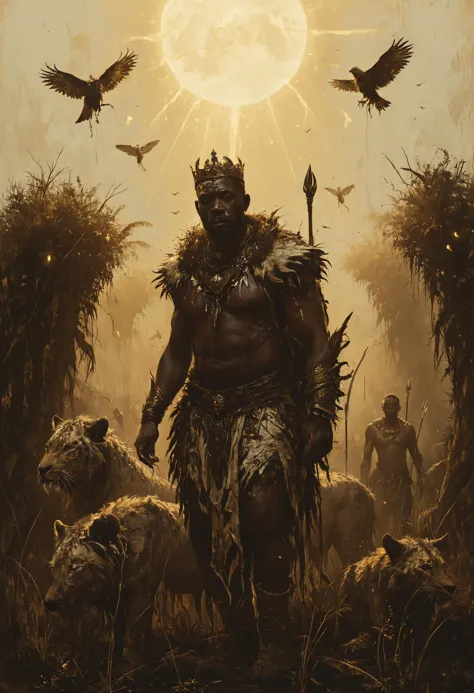 Sickly white men clad in animal skins, African Kings, flies swarm on piles of limbs, <lora:Misty_Vintage:0.8>, <lora:great_light...