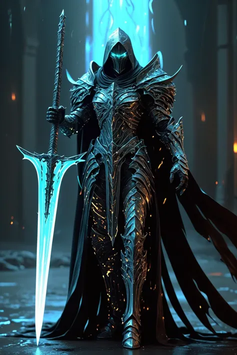 BIOLUMINESCENT,GLOWING,<lora:Bio-Luminescence:1>,HOLDING SWORD,HOLDING WEAPON,ARMOR,<lora:XLKnightV1:0.5>,
poster art,evil knight with a long flowing dark cape,angel of darkness,fearsome and visually striking character with shifting tendrils,dark holographic glow,dim light,fantasy art,attention to details,octane render,volumetrics,by greg rutkowski,