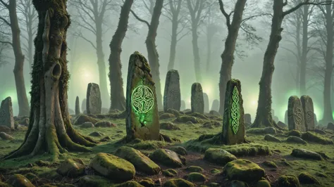 realistic detailed photo of a mystical forest shrouded in mist, with ancient standing stones bearing Celtic symbols rising from ...